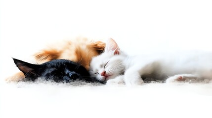 a puppy and kitten cuddling together, heartwarming digital painting, soft and warm tones, isolated on white background