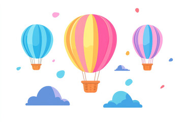 Naklejka premium Vibrant Striped Hot Air Balloons Floating High Above Ground on White PNG Background, Colorful Birthday Celebration
