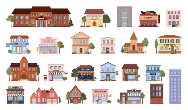 Various flat urban building icons set. Isolated municipal buildings, shops and restaurants. Library, cinema, coffee shop, beauty store, school, museum, bank on white background. Vector illustrations.