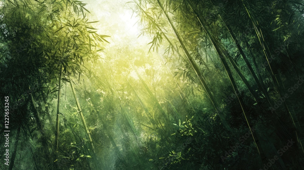Poster serene bamboo forest with sunlight filtering through lush foliage creating a tranquil atmosphere in 