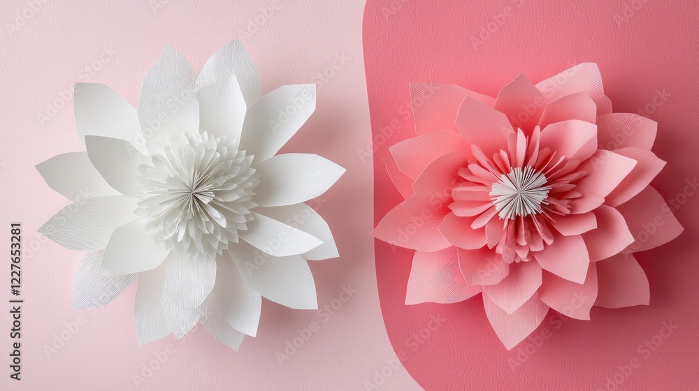 Wall mural Minimalist pink and white background featuring elegant paper craft flowers for modern decor and design inspiration