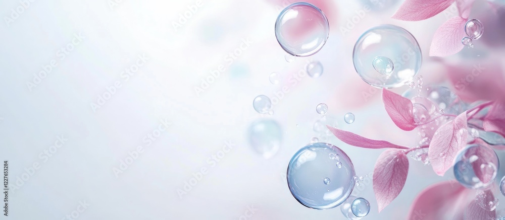 Poster mother's day celebration with delicate pink flowers and floating soap bubbles creating a serene empt