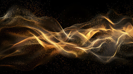 Obraz premium Abstract waves of golden light and particles create a dynamic, ethereal visual effect.