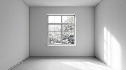 Minimalist empty room with white walls and window showcasing natural light and outdoor view ideal for interior design concepts