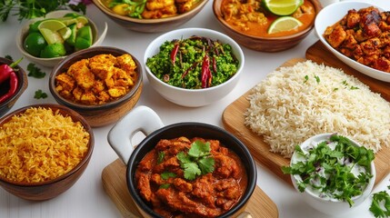 Colorful and Abundant Indian Cuisine Spread Featuring Variety of Dishes and Sides on a White Table Background