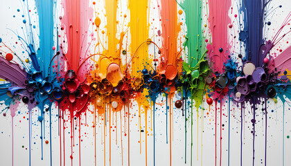 Abstract splashes of colorful paint dripping and blending on a white canvas