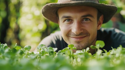 Microgreens Farmer Smiling in Organic Garden Showcasing Fresh Produce and Sustainable Agriculture Practices