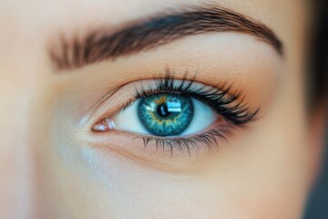 Obraz premium Close-up of a woman's striking blue eye with detailed eyelashes and natural makeup in a bright setting