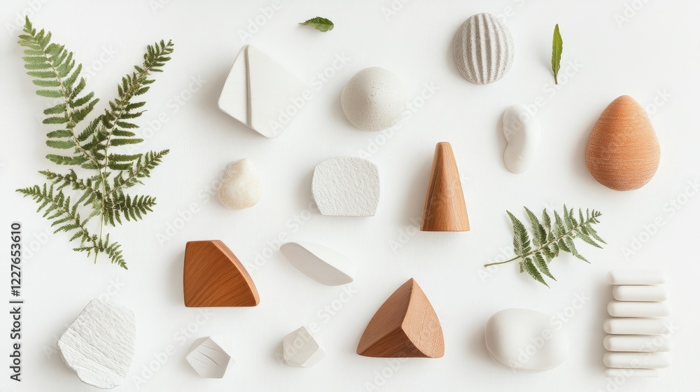 Poster natural geometric shapes and botanical elements arranged aesthetically on a minimalist white backgro