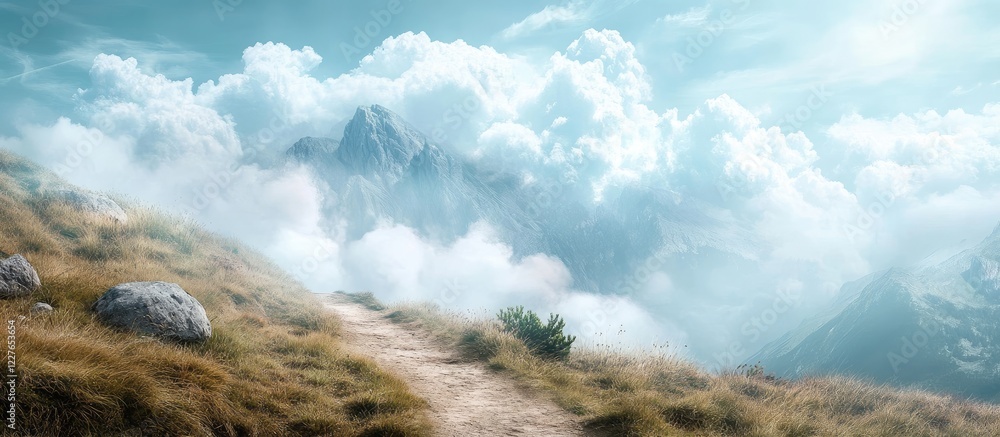 Poster serene mountain path under blue sky and fluffy clouds inviting peaceful exploration with ample space