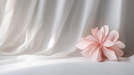 Obraz premium Elegant Pink Flower on Soft White Fabric Background for Minimalist Home Decor and Interior Design Concepts