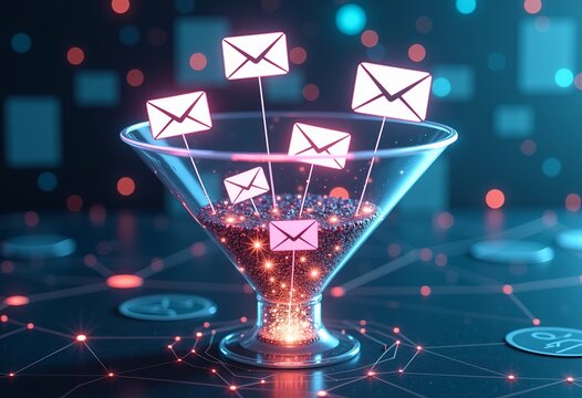 A dynamic illustration showcasing a digital funnel transforming emails into tailored customer experiences: loyalty rewards, targeted advertising
