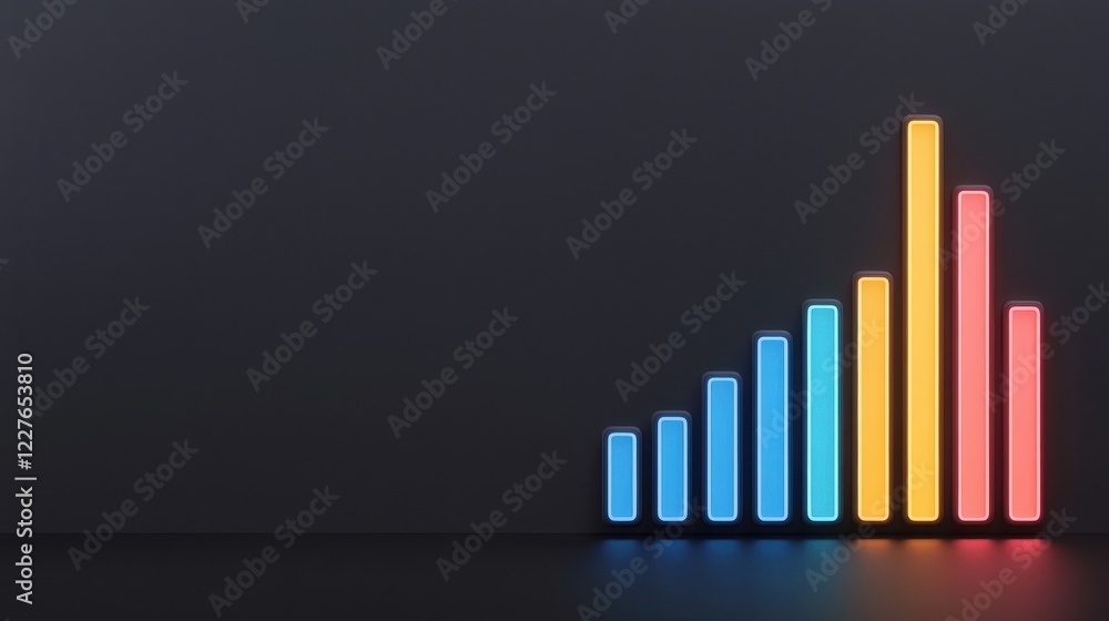Poster futuristic music player with glowing equalizer bars on dark background for audio visualization