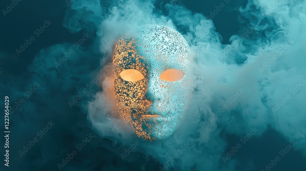 Poster Mystical Glowing Mask Surrounded by Fog with Intricate Patterns in Ethereal Atmosphere