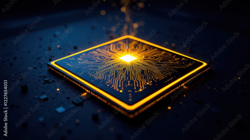 Poster a close-up of a glowing computer chip with intricate circuitry on a dark surface, symbolizing advanc