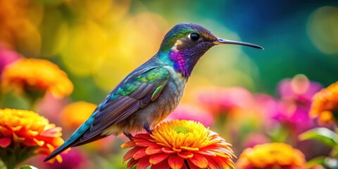 Fototapeta premium A vibrant hummingbird perches on a brightly colored flower in a lush garden, its iridescent feathers glistening in the sunlight as it feeds on the sweet nectar , flora fauna, colorful flowers