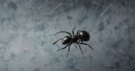 Small black ant hanging upside down from a spider's web, arachnid, food source