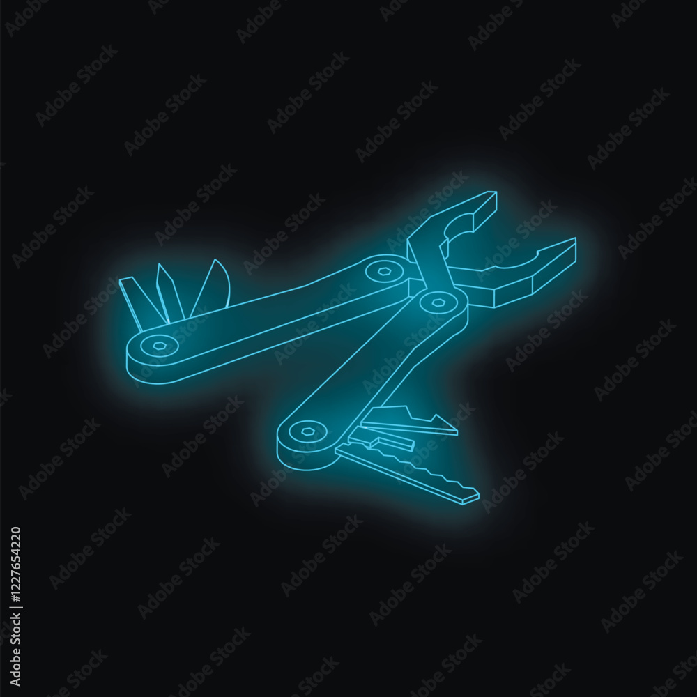 Poster wireframe glowing multitool pliers with different tools on a dark background