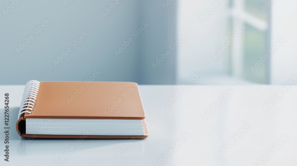 Poster photorealistic and detailed photograph of a closed leather notebook on a table surface with soft bac