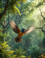 Obraz premium Small bird flying through a forest filled with dense foliage and heavy pollen, bird in flight, pine pollen