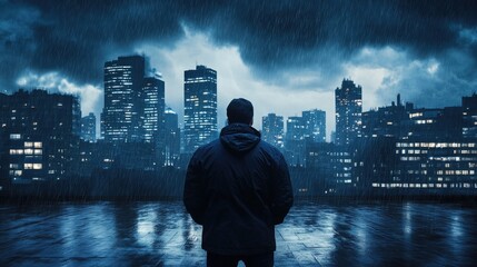 Reflective man facing a stormy city skyline at night symbolizing mental health struggles and urban solitude