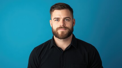 Obraz premium Portrait of a bearded man in a black shirt standing against a bright blue background showcasing a confident and approachable demeanor