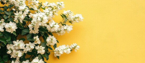 Moringa flowers on vibrant yellow wall creating a cheerful backdrop with ample empty space for text or branding purposes