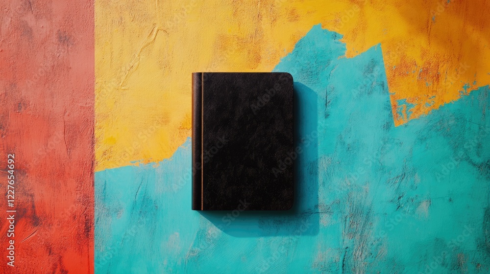 Poster stylish notebook mockup on colorful textured background for creative design and branding concepts.