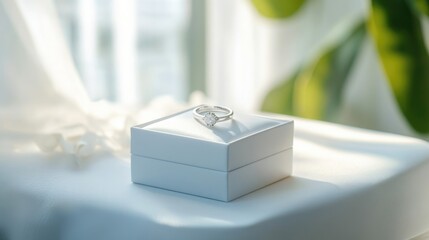 Elegant white wedding ring box showcasing a delicate ring illuminated by natural light, symbolizing love and celebration.