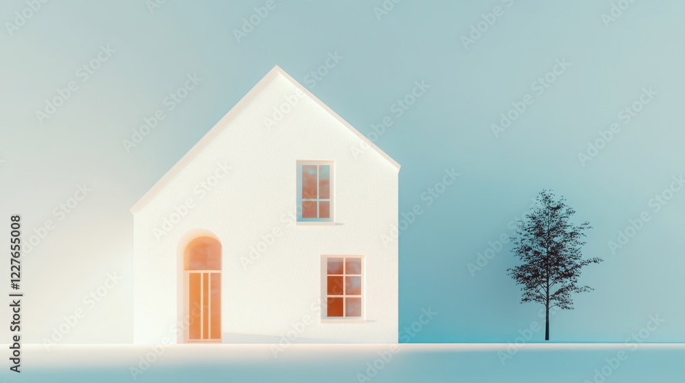 Poster minimalist representation of a modern house exterior with tree highlighting negative space and soft 