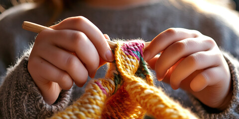 Child's Hands Knitting Multicolored Yarn with Wooden Needle