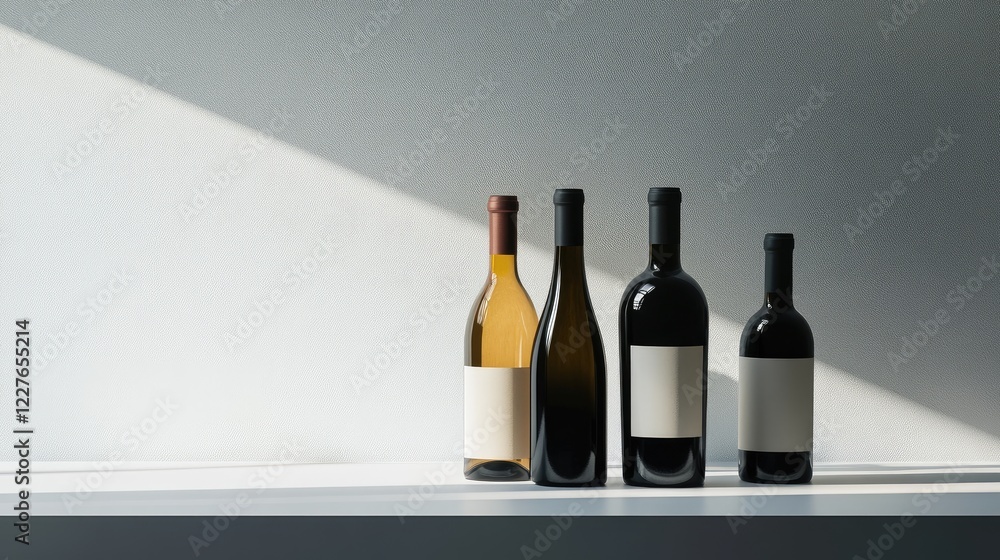 Aufkleber minimalist still life with empty wine bottles arranged on a modern shelf in natural light showcasing