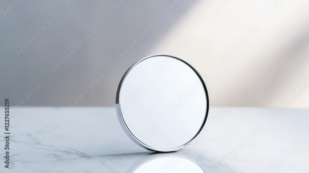 Poster High-Resolution Close-Up of a Round Compact Mirror on Marble Surface with Soft Light and Simple Background