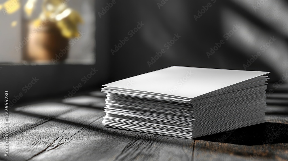 Poster flat lay of a stack of blank invitation cards on textured paper with soft shadows and natural light 