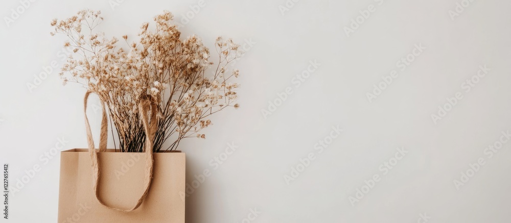 Poster craft paper bag filled with rustic dried flowers on a neutral background with ample empty space for 