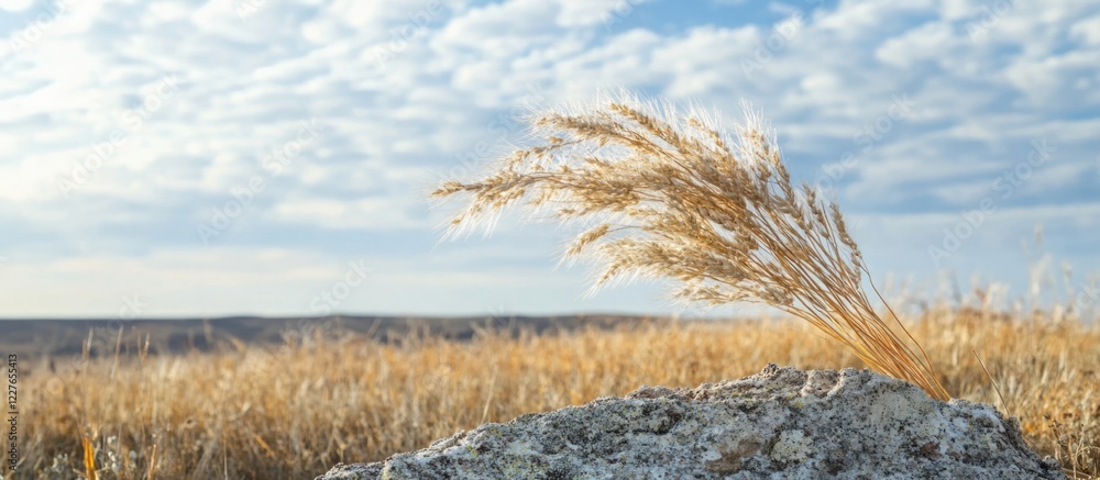 Poster golden wheat stems gently sway in the breeze on a serene field under a blue sky with clouds creating