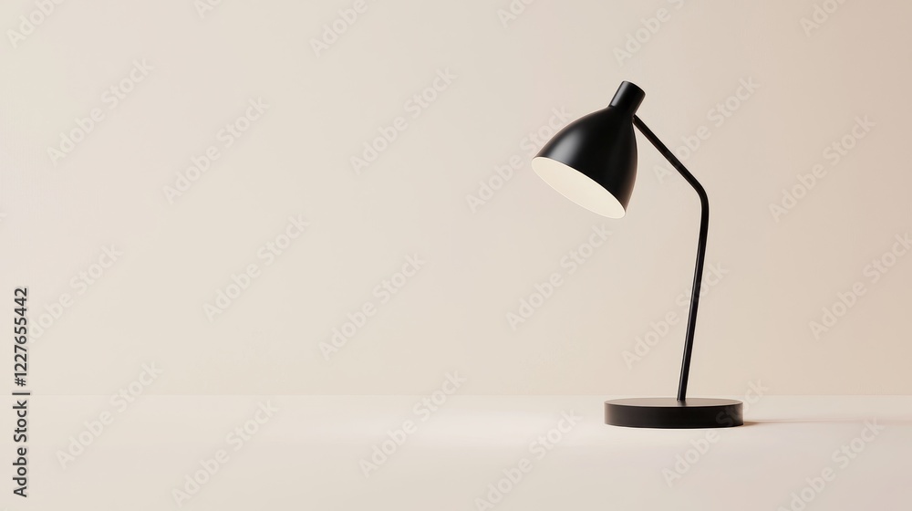 Poster minimalist black desk lamp on simple workspace with soft ambient light and neutral background