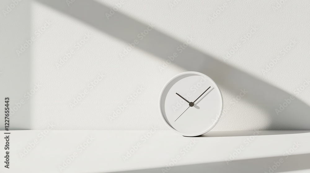 Poster minimalist alarm clock on simple surface with soft lighting and gentle shadows