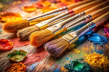 Obraz premium Artistic Paint Brushes & Palette Soft Focus on Textured Background - Stock Photo