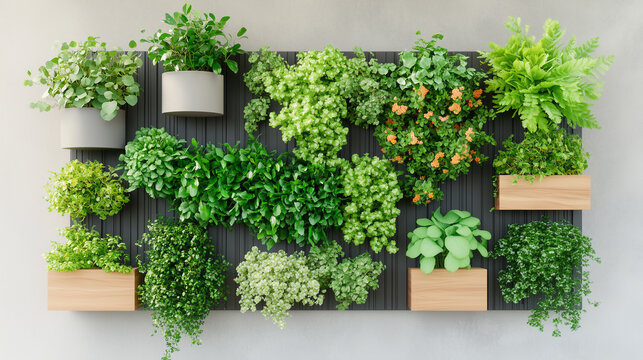 A vertical garden  on a wooden frame, featuring hanging pots, wall planters, and cascading vines. Pots with plants attached to the wall,  A modern urban balcony or backyard wall. photorealistic scene