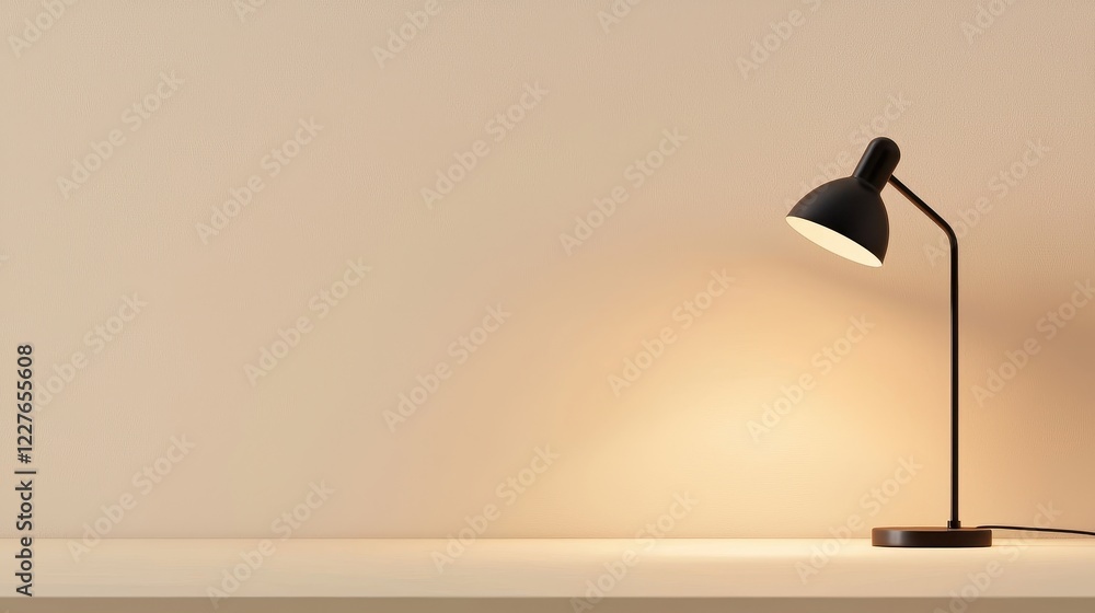 Poster minimalist desk lamp on a simple surface with warm light in a neutral environment