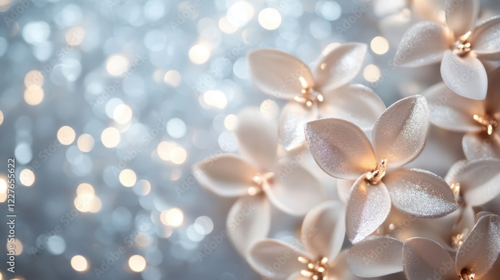 Poster glittering floral shapes on a soft silver bokeh background creating a festive atmosphere with space 