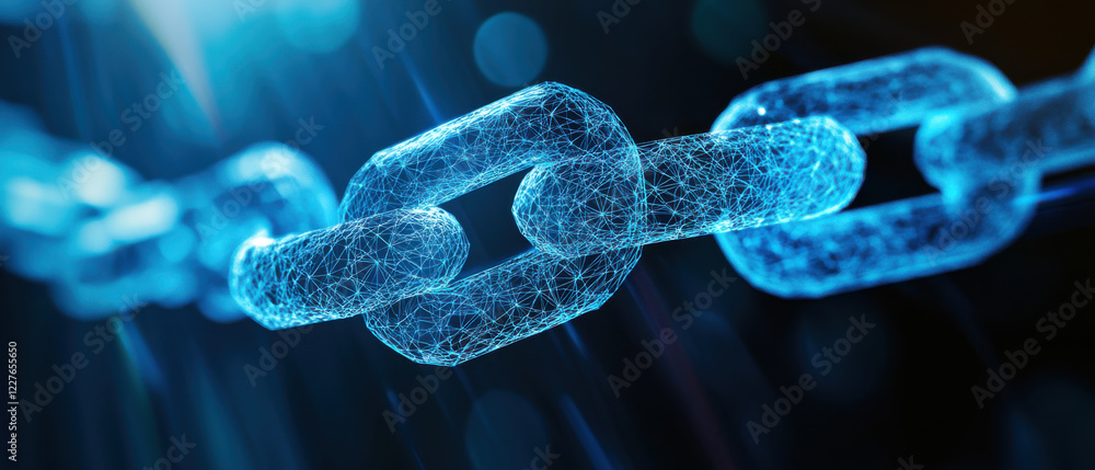 Poster digital chain represents blockchain technology in futuristic style