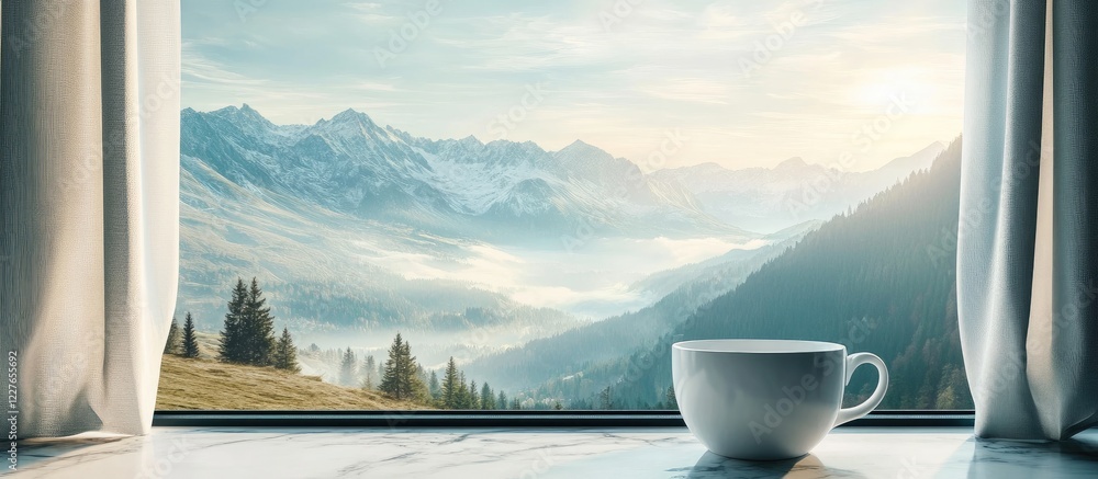 Aufkleber serene bathroom scene featuring a white mug with mountain view and soft light creating an inviting s