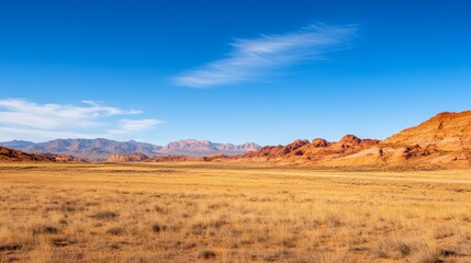 Expansive desert landscape with golden grass and distant mountains under a clear blue sky