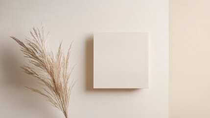 Minimalistic mood board featuring a blank square canvas against a soft beige wall with decorative dried plants for aesthetic appeal