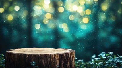 Natural tree stump podiums set against a whimsical bokeh background in a serene forest ambiance with soft light effects.