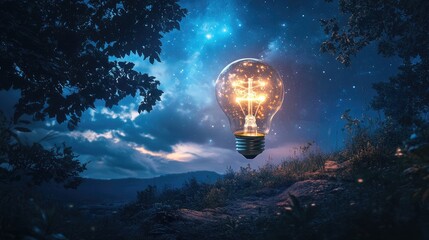Illuminated vintage light bulb floating in a mystical fairytale landscape with starry night sky and lush greenery