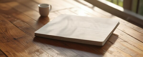 Simple notebook laid on a wooden table with natural sunlight shining on it , natural light, table