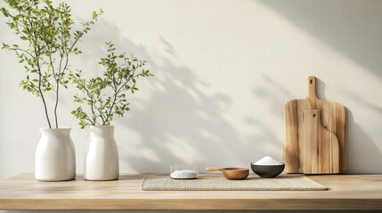 Minimalist kitchen decor featuring salt mat, potted plants, wooden cutting board and soft shadow effects on a neutral background